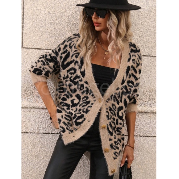 Cheetah, Animal, Leopard Fuzzy Cardigan, Button Front - Picture 1 of 7